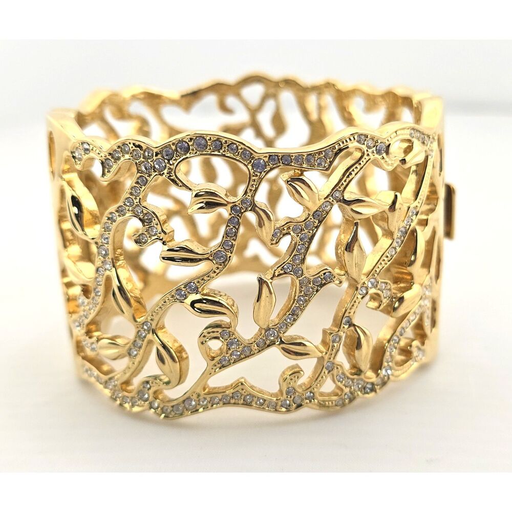 Ornate Filigree Cuff Bracelet Statement Gold Tone Wide Bangle Rhinestones Vine